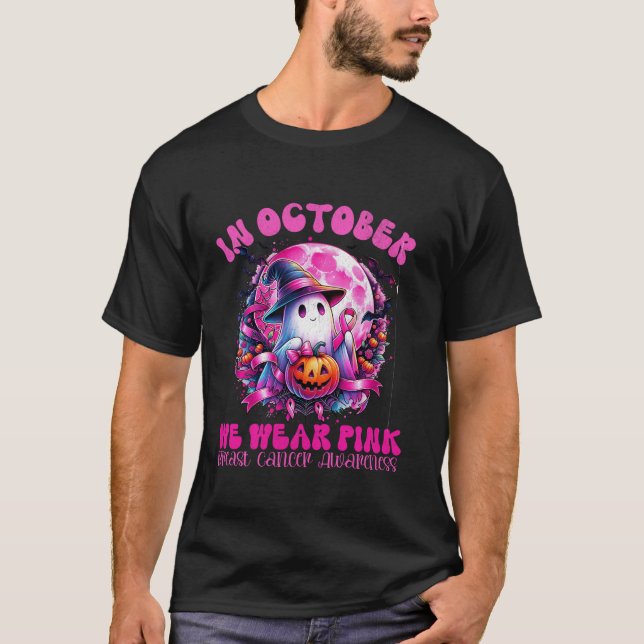 T-shirt En Octobre Nous Portons Pink Ghost Sorcier Casquet (Devant)