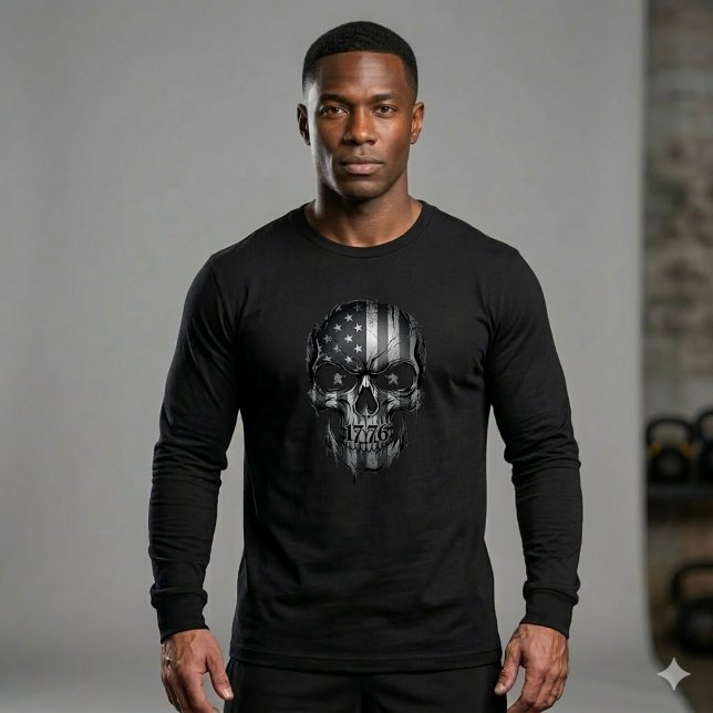 T-shirt En Tri-matière 1776 American Flag Skull Long Sleeve Shirt | USA  (Own the look of freedom. Bold 1776 flag skull design for a powerful, patriotic statement.)
