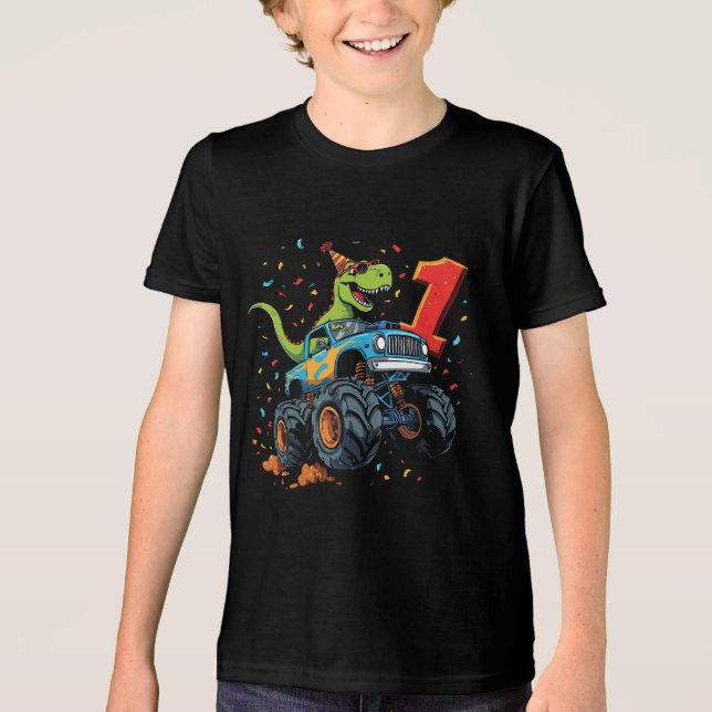 T-shirt En Tri-matière 1er anniversaire Dinosaur Monster Truck Tee pour e (Recto)