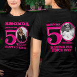 T-shirt En Tri-matière 50e anniversaire double face photo nom rose<br><div class="desc">Joyeux 50e anniversaire texte rose, nom et deux t-shirt photos. Fun double face 50e t-shirt photo personnalisé en gras de design de texte rose chaud. Personnalisez cette chemise d'anniversaire avec une photo de la fille d'anniversaire au milieu du numéro 0 sur le devant et le dos. Idéal pour ajouter un...</div>