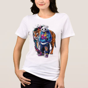 T-shirt En Tri-matière ADOM Premium Panda et Tigre Graphique pour Femmes