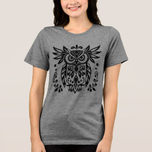 T-shirt En Tri-matière Amoureux de hiboux Rustique Bois Noir Blanc Bohème