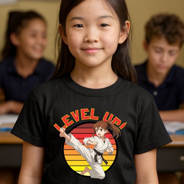 T-shirt En Tri-matière Anime Karate Girl On Retro Sunset Template (Créateur téléchargé)