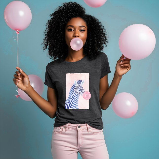 T-shirt En Tri-matière Aquarelle amusante Zèbre soufflante gomme Monogram (Fun Watercolor Zebra Blowing Gum Bubble Monogram Tri-Blend Shirt)