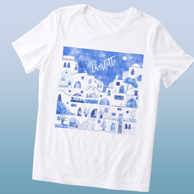 T-shirt En Tri-matière Aquarelle de Santorin personnalisée (Santorini Oia Greek island blue and white watercolor art personalized name triblend t-shirt)