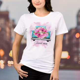 T-shirt En Tri-matière Aquarelle Floral Vintage Camion Bleu Verset Bibliq