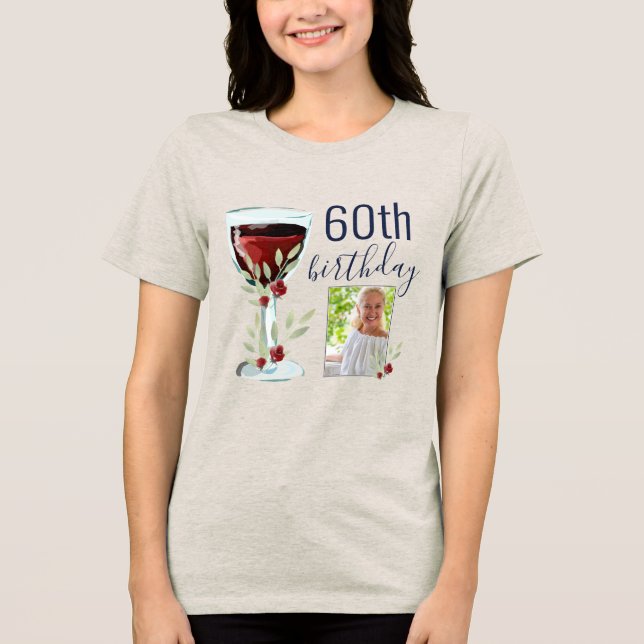 T-shirt En Tri-matière Aquarelle Rose de vin rouge Photo 60e anniversaire (Recto)