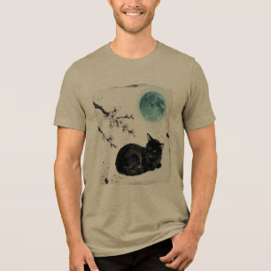 T-shirt En Tri-matière Art Sumi-e Chat Noir Lune Bleue Cerisier
