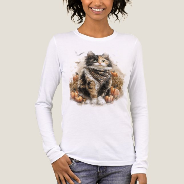 T-SHIRT  EN TRI-MATIÈRE ASSEZ TOMBÉ THÈME CALICO CAT AVEC CITROUILLES (Recto)