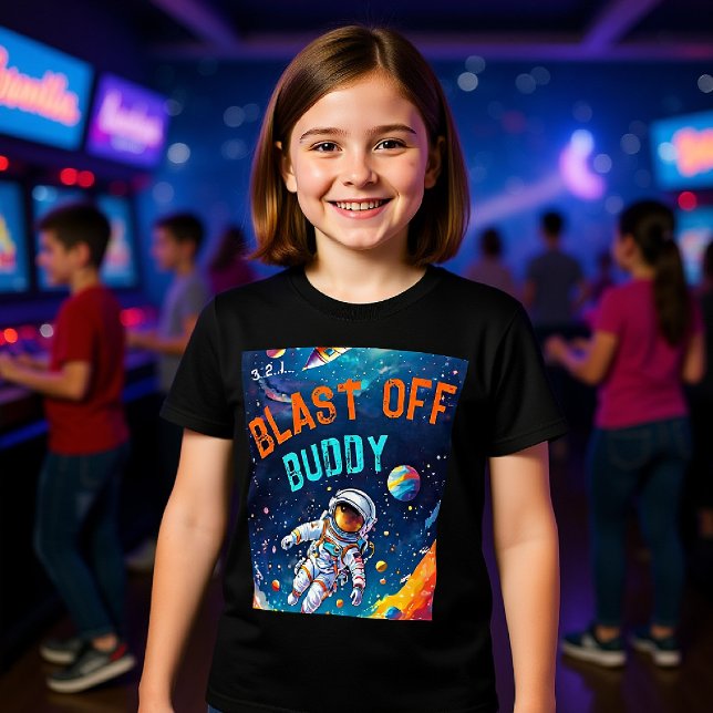 T-shirt En Tri-matière Astronaute Planètes de l'Espace Profond Décollage  (astronaut theme birthday party for kids personalized shirt planets galaxy sky blast off buddy favor)