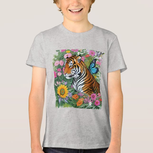 T-shirt En Tri-matière Baby Tiger With Blue Butterfly And Flowers (Recto)