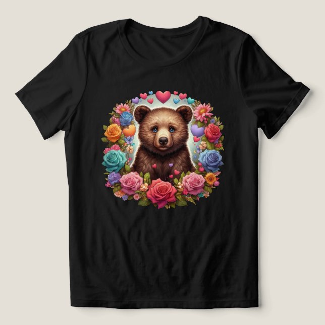 T-shirt En Tri-matière Bear Cub Entouré de Roses et de coeurs (Design Recto)