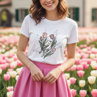 T-shirt En Tri-matière Bird with Tulip flower Minimalist Floral Botanical