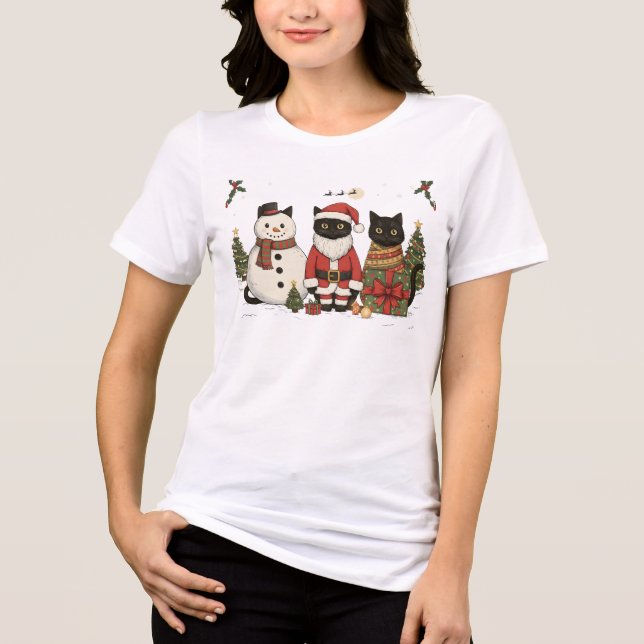 T-shirt En Tri-matière Black Cat Christmas Santa Snowman Cute Gift (Recto)