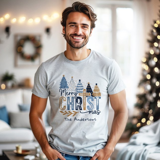 T-shirt En Tri-matière Bleu Arbres modernes Christian Jésus Nom de Noël (Blue Modern Trees Christian Jesus Christmas Name Tri-Blend Shirt)