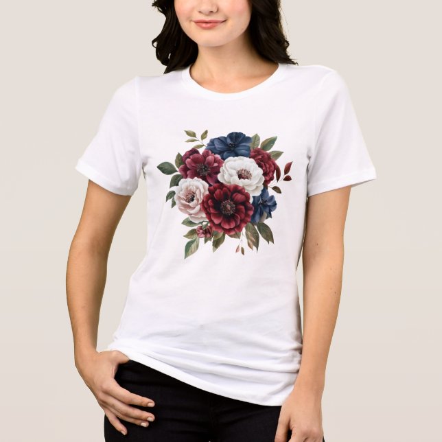 T-shirt En Tri-matière Bouquet floral blanc bleu marine de Bourgogne (Recto)