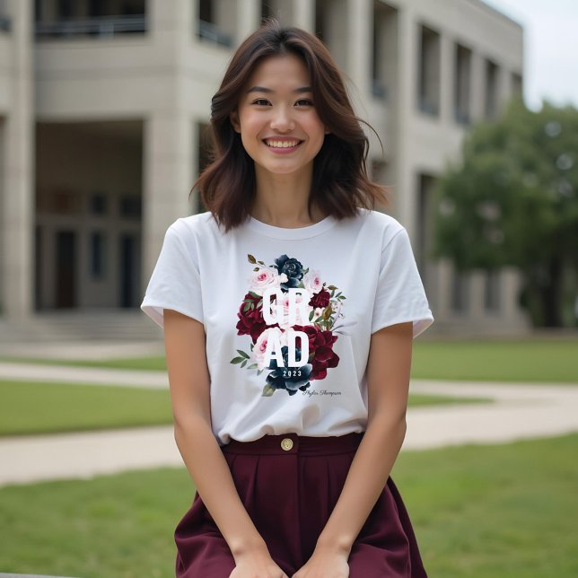 T-shirt En Tri-matière Bourgogne & Bleu Elégant Aquarelle Fleurs Grad (Burgundy & Blue Elegant Watercolor Flowers Grad Tri-Blend Shirt)