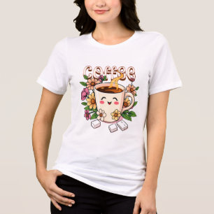 T-shirt En Tri-matière Café et fleurs Cute Retro Kawaii