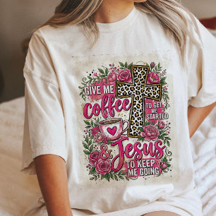 T-shirt En Tri-matière Café et Jésus Citation Croix Florale Léopard Rose