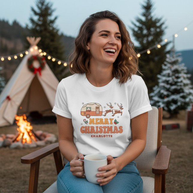 T-shirt En Tri-matière Camping Joyeux renne de Noël Nom personnalisé (Créateur téléchargé)