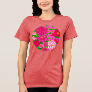T-shirt En Tri-matière Cercle de fleurs, Chrysanthèmes rose Fuchsia