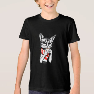 T-shirt En Tri-matière Chat Boire un café Tri-Blend Chemise
