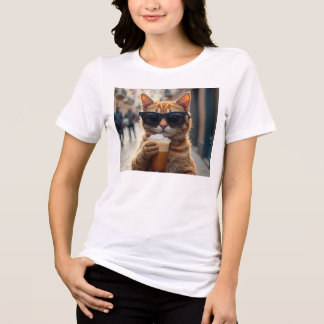 T-shirt En Tri-matière Chat buvant du café dans une rue