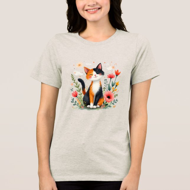 T-shirt En Tri-matière Chat Calico souriant dans le jardin fleuri (Recto)