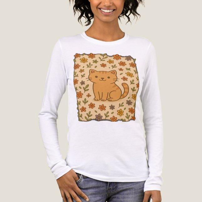 T-shirt En Tri-matière Chat de dessin adorable avec motif floral (Recto)