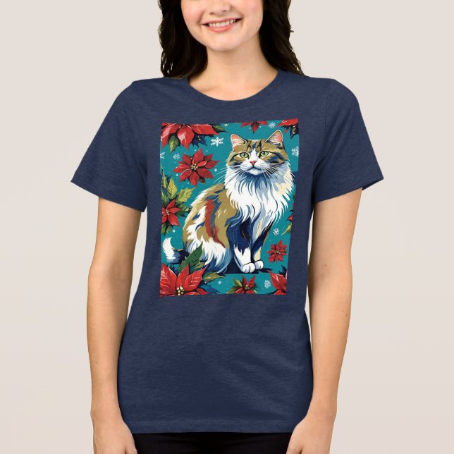 T-shirt En Tri-matière Chat De Noël Adorable Avec Poinsettias (Recto)