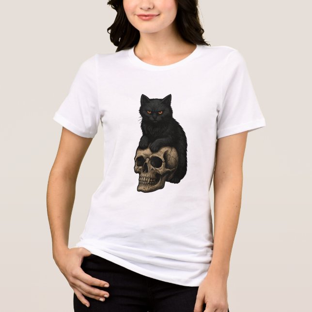 T-shirt En Tri-matière Chat noir et crâne rétro (Recto)