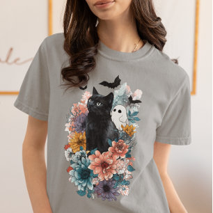 T-shirt En Tri-matière Chat noir fantôme Halloween floral 