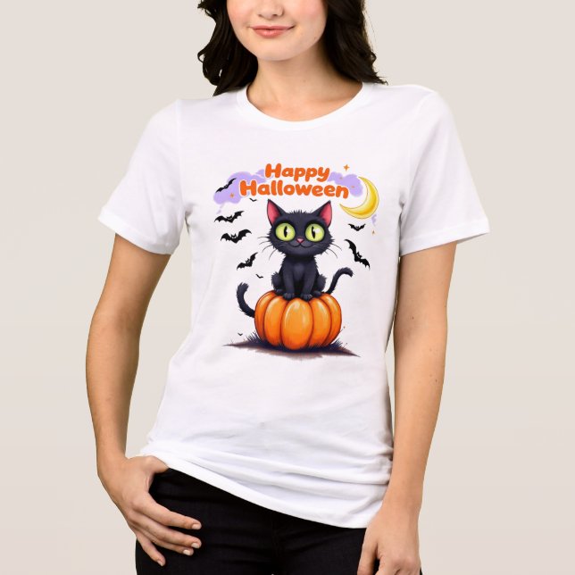 T-shirt En Tri-matière Chat noir mignon Joyeux T-shirt Halloween (Recto)