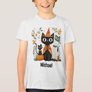 T-shirt En Tri-matière Chat noir mignon personnalisé et Halloween fantôme