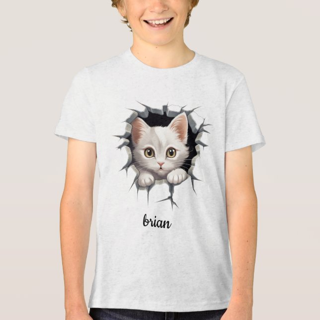 T-shirt En Tri-matière Chaton personnalisé en regardant hors du faux trou (Recto)