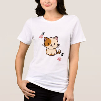 T-shirt En Tri-matière Chemise blanche à demi-manches avec motif de chat 