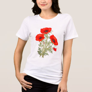 T-shirt En Tri-matière Chemise Tri-Mélange Fleurs Coquelicots Rouges et T