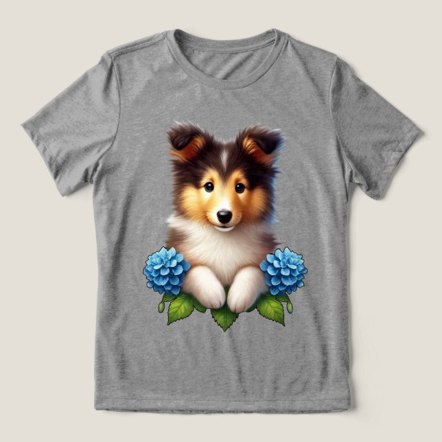 T-shirt En Tri-matière Chiot adorable avec Fleurs Bleues (Design Recto)