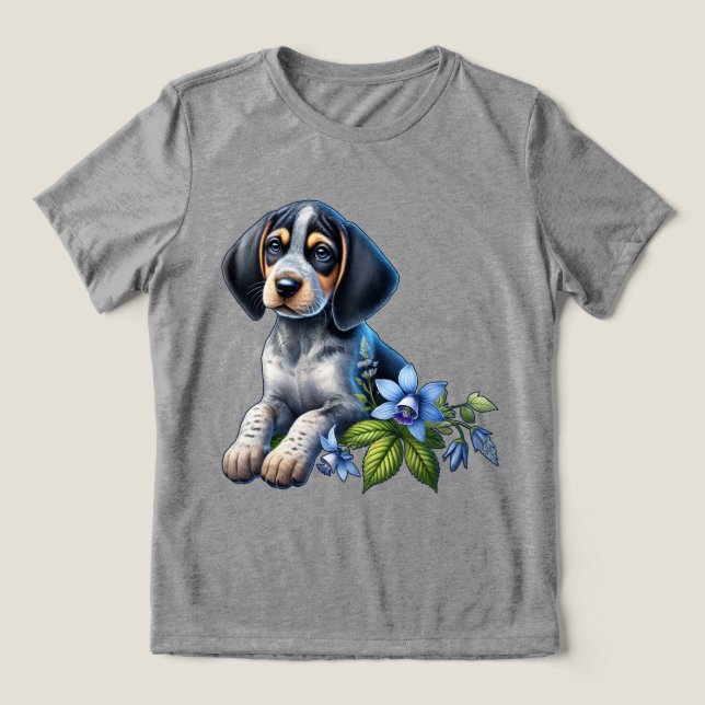 T-shirt En Tri-matière Chiot bleu Tick Hound avec Fleurs Bleues Delicate (Design Recto)