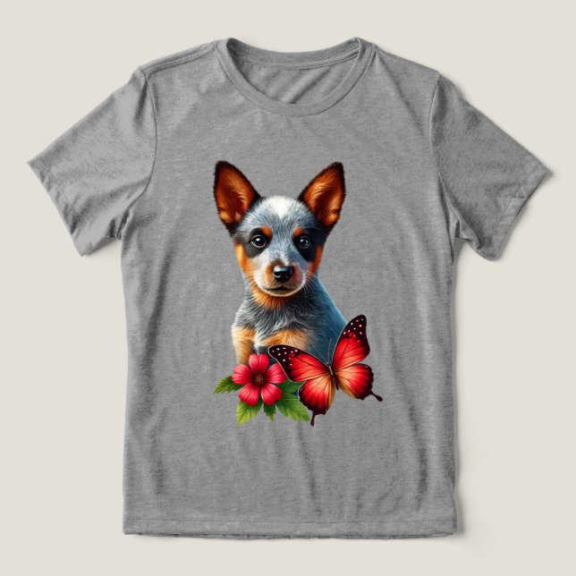T-shirt En Tri-matière Chiot de Heeler mignon avec Papillon et Fleur (Design Recto)
