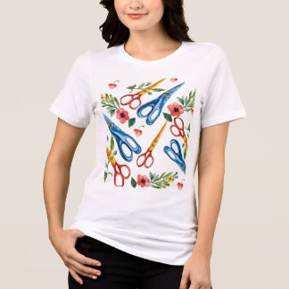 T-shirt En Tri-matière Ciseaux à l'aquarelle & Motif sans fin de fleurs s