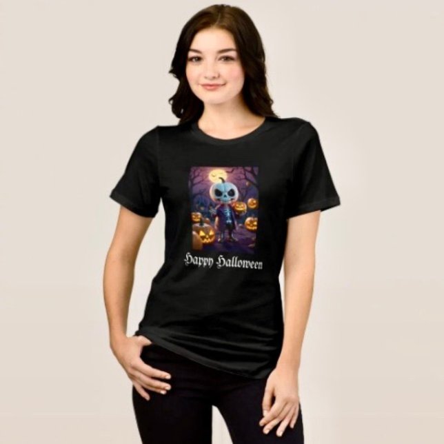 T-shirt En Tri-matière Compagnon squelette de patch de citrouille (Comfy tri-blend women’s tee feminine fit, scoop neck, short sleeves, relaxed fit.  
)