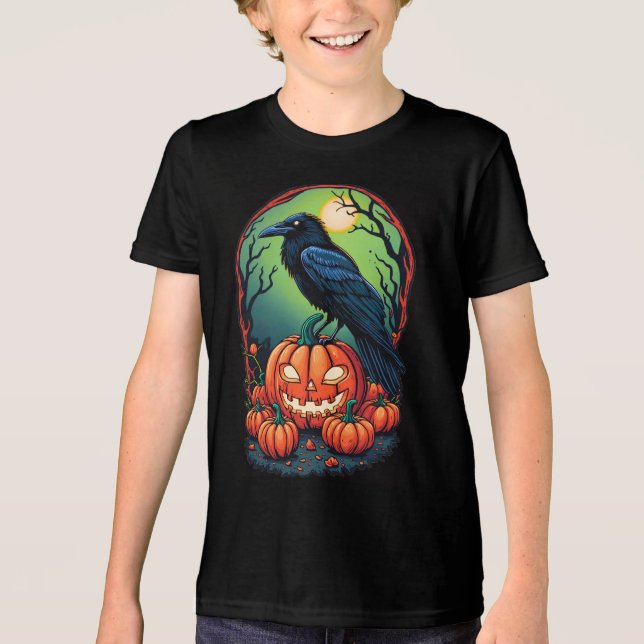 T-shirt En Tri-matière Corbeau d'Halloween dans un Patch Citrouille (Recto)