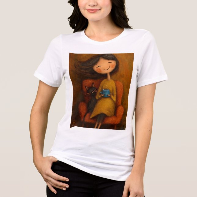 T-shirt En Tri-matière Cozy Girl with Black Cat and Coffee- Whimsical tee (Recto)
