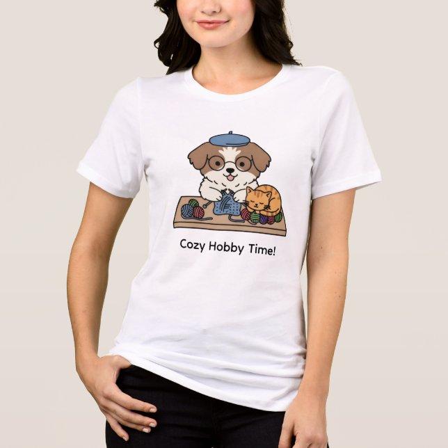 T-shirt En Tri-matière Cozy Hobby Time Dog and Cat Knitting Art (Recto)