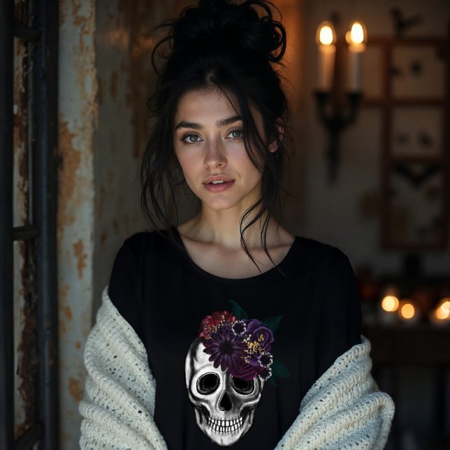 T-shirt En Tri-matière Crâne d'Halloween floral Black & Gold (Black & Gold Moody Floral Halloween Skull Tri-Blend Shirt)