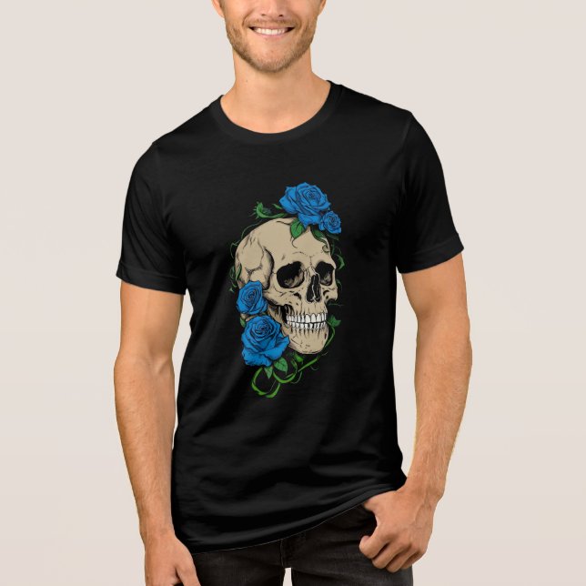 T-shirt En Tri-matière Crâne gothique avec Roses bleus | Sombre esthétiqu (Recto)