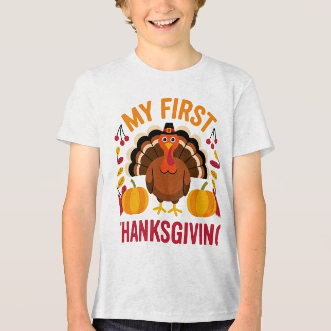 T-shirt En Tri-matière Cute Baby “My First Thanksgiving” Turkey Design  (Recto)