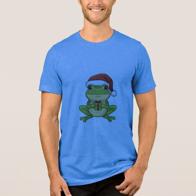 T-shirt En Tri-matière Cute Christmas Frog with Santa Hat Holding  Gift - (Recto)