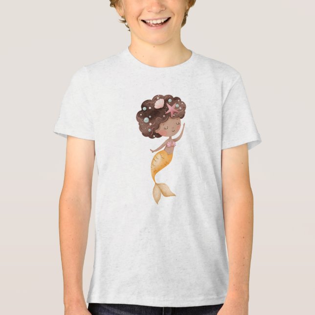 T-shirt En Tri-matière Cute Curly Hair Mermaid with Golden Tail (Recto)